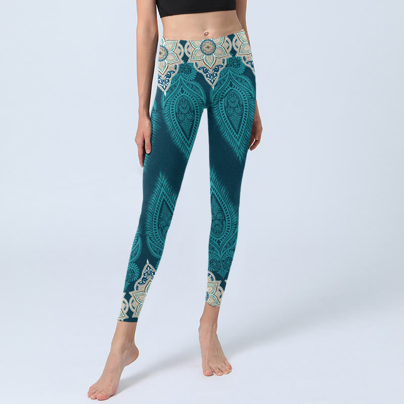 Green Feather Flower Print Gym Fitness Leggings Women's Yoga Pants