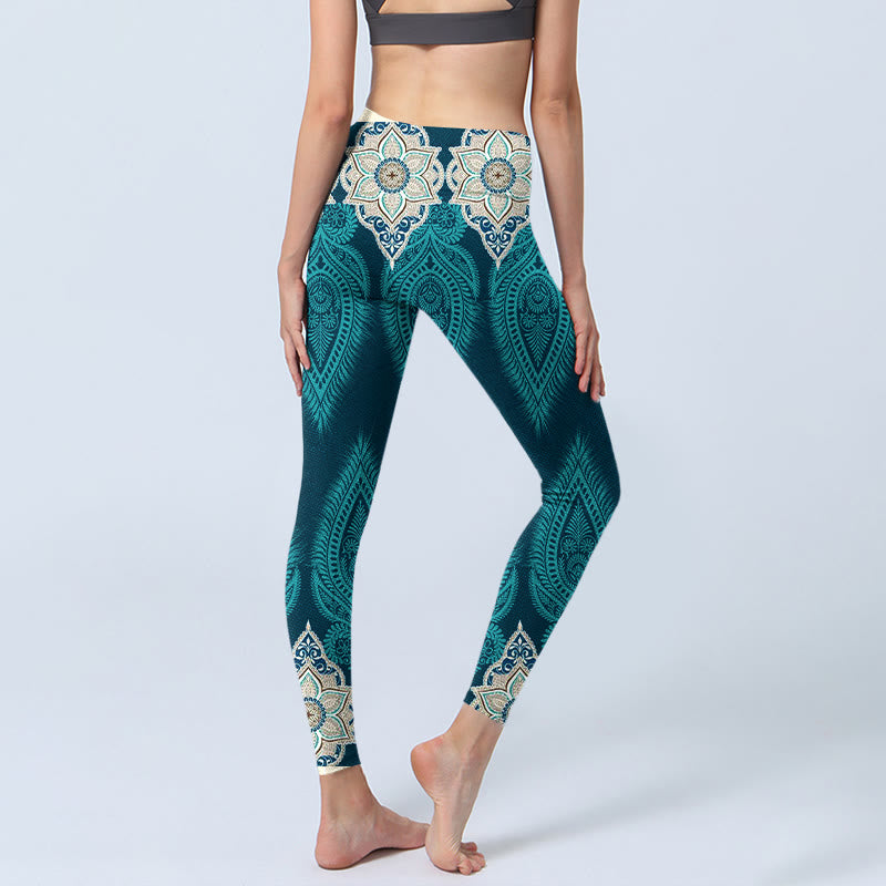 Green Feather Flower Print Gym Fitness Leggings Women's Yoga Pants