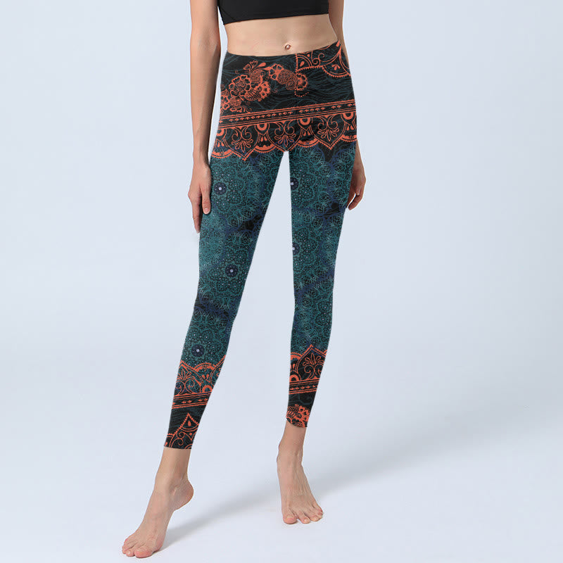 Green Mandala Flower Print Gym Fitness Leggings Women's Yoga Pants