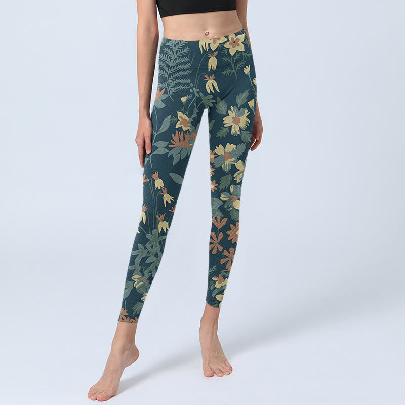 Casual Daisy Flowers Leaves Print Gym Fitness Leggings Women's Yoga Pants