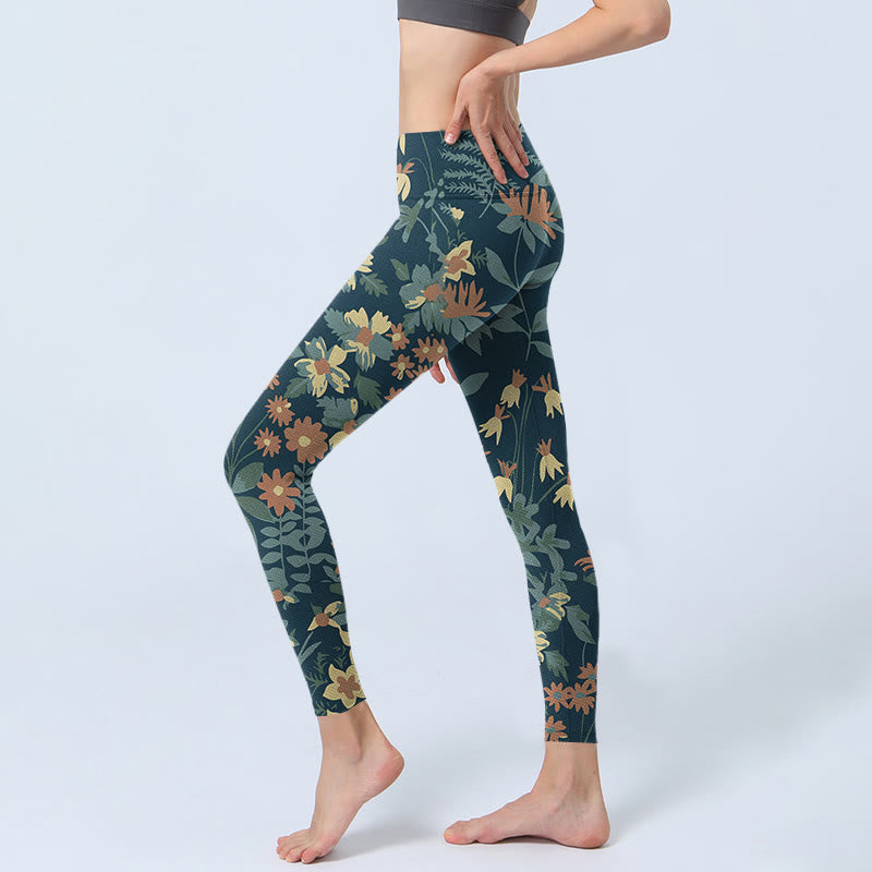 Casual Daisy Flowers Leaves Print Gym Fitness Leggings Women's Yoga Pants