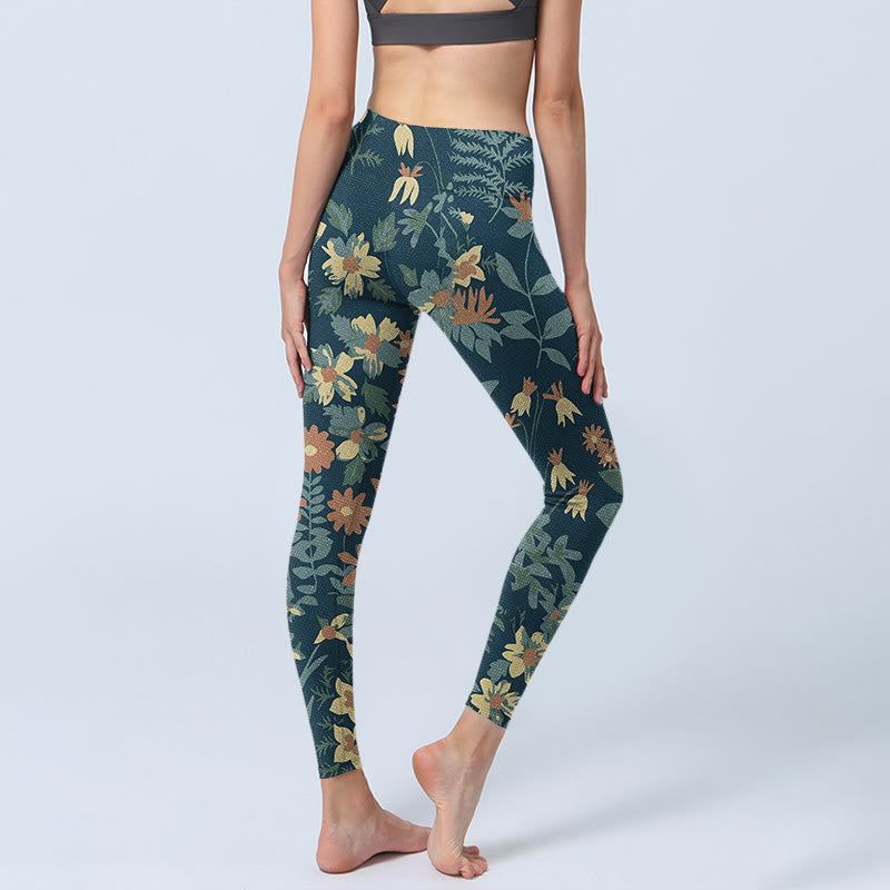 Casual Daisy Flowers Leaves Print Gym Fitness Leggings Women's Yoga Pants