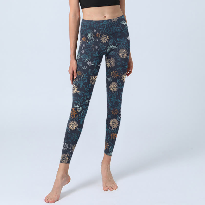 New York Aster Flowers Leaves Print Gym Fitness Leggings Women's Yoga Pants