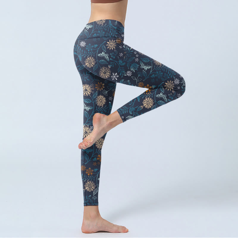 New York Aster Flowers Leaves Print Gym Fitness Leggings Women's Yoga Pants