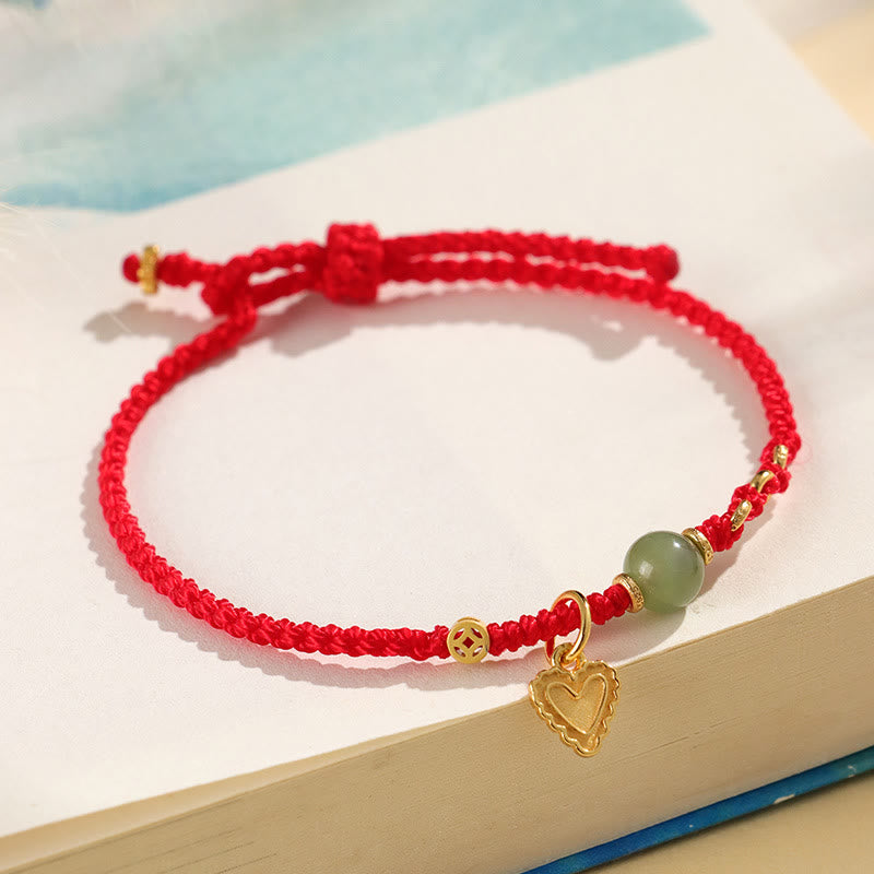 925 Sterling Silver Hetian Jade Bead Copper Coin Love Heart Charm Luck Bracelet