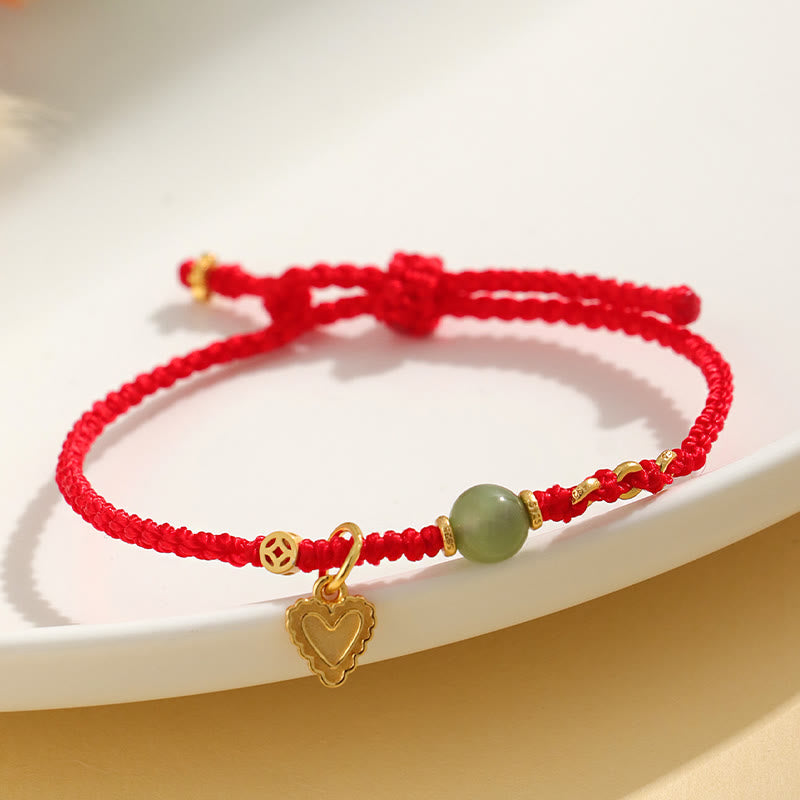925 Sterling Silver Hetian Jade Bead Copper Coin Love Heart Charm Luck Bracelet