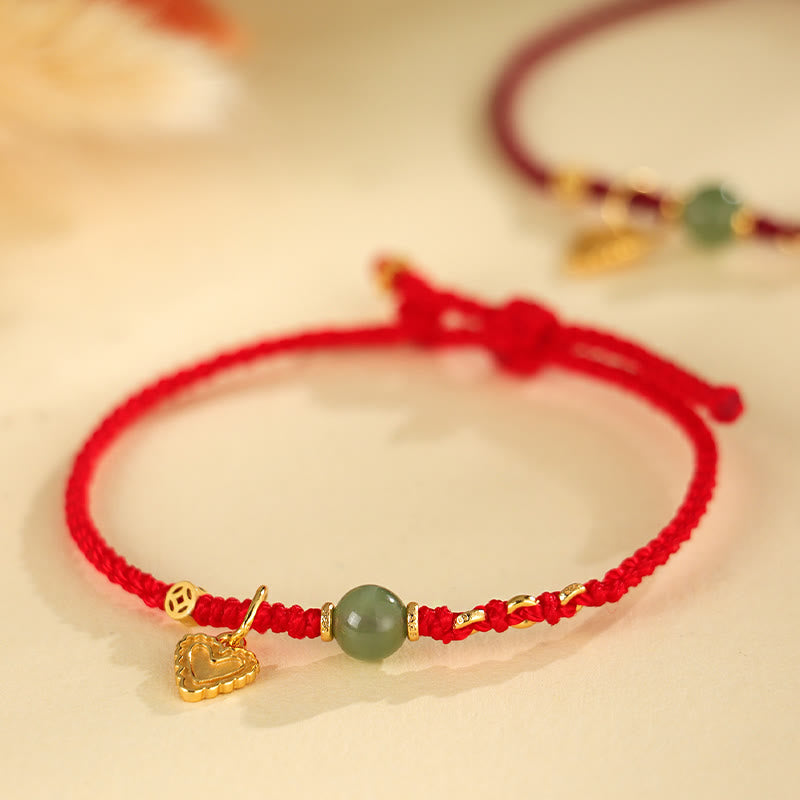925 Sterling Silver Hetian Jade Bead Copper Coin Love Heart Charm Luck Bracelet