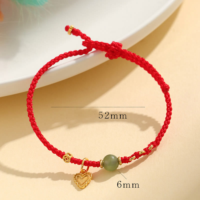 925 Sterling Silver Hetian Jade Bead Copper Coin Love Heart Charm Luck Bracelet