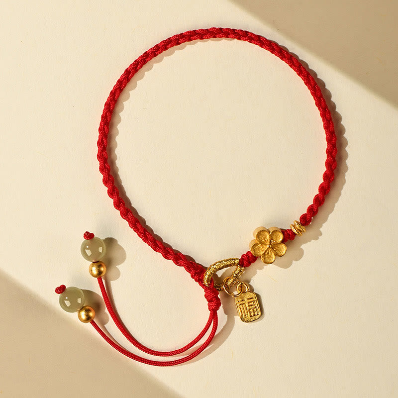 Hetian Jade Small Peach Blossom Fu Character Charm Luck String Bracelet