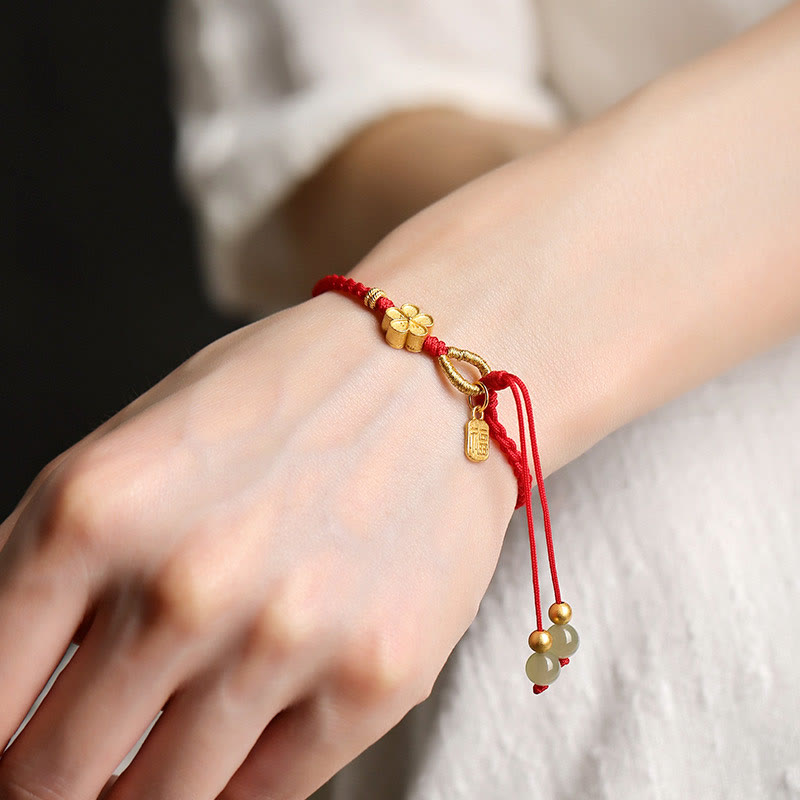 Hetian Jade Small Peach Blossom Fu Character Charm Luck String Bracelet