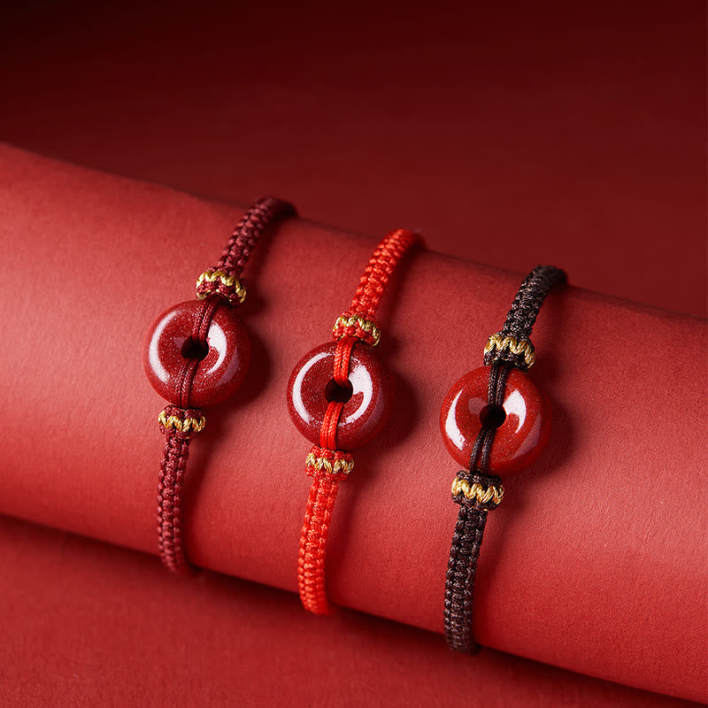 Handmade Cinnabar Round Peace Buckle Concentration Braided Bracelet
