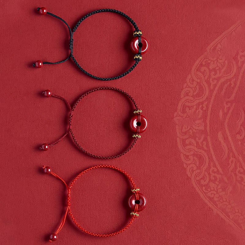 Handmade Cinnabar Round Peace Buckle Concentration Braided Bracelet