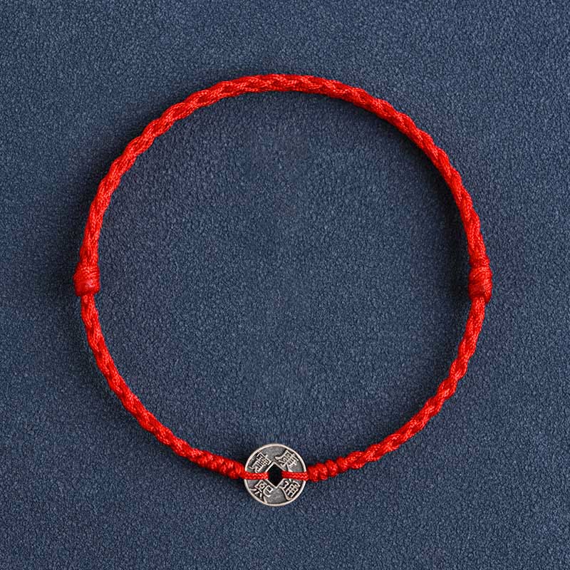 925 Sterling Silver Five Emperor Coins Red String Protection Luck Braided Bracelet Anklet