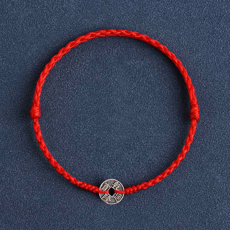 925 Sterling Silver Five Emperor Coins Red String Protection Luck Braided Bracelet Anklet
