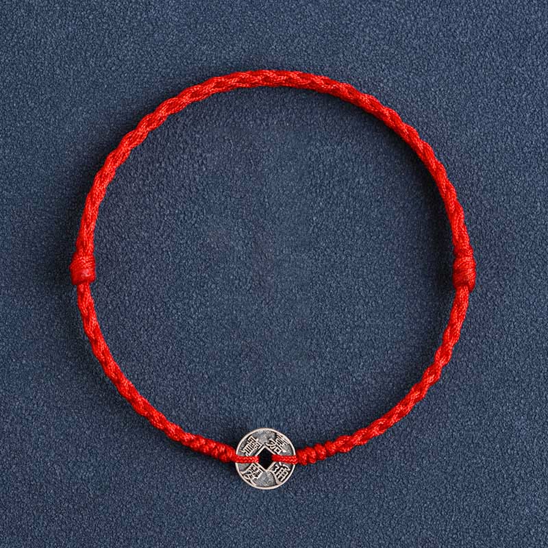925 Sterling Silver Five Emperor Coins Red String Protection Luck Braided Bracelet Anklet