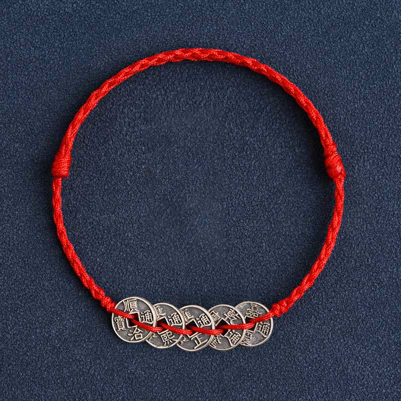 925 Sterling Silver Five Emperor Coins Red String Protection Luck Braided Bracelet Anklet