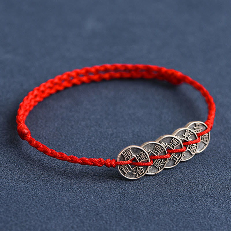 925 Sterling Silver Five Emperor Coins Red String Protection Luck Braided Bracelet Anklet