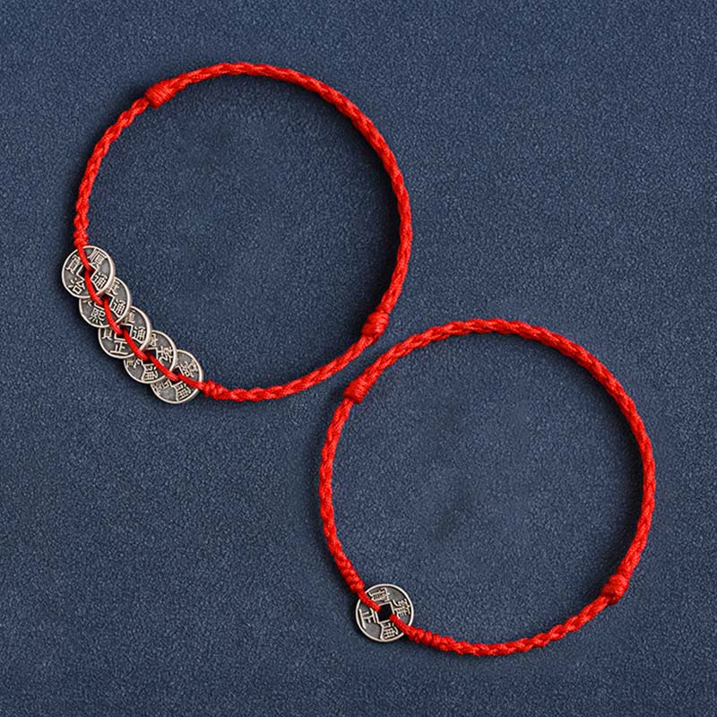 925 Sterling Silver Five Emperor Coins Red String Protection Luck Braided Bracelet Anklet