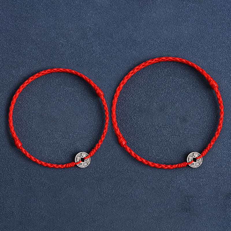 925 Sterling Silver Five Emperor Coins Red String Protection Luck Braided Bracelet Anklet