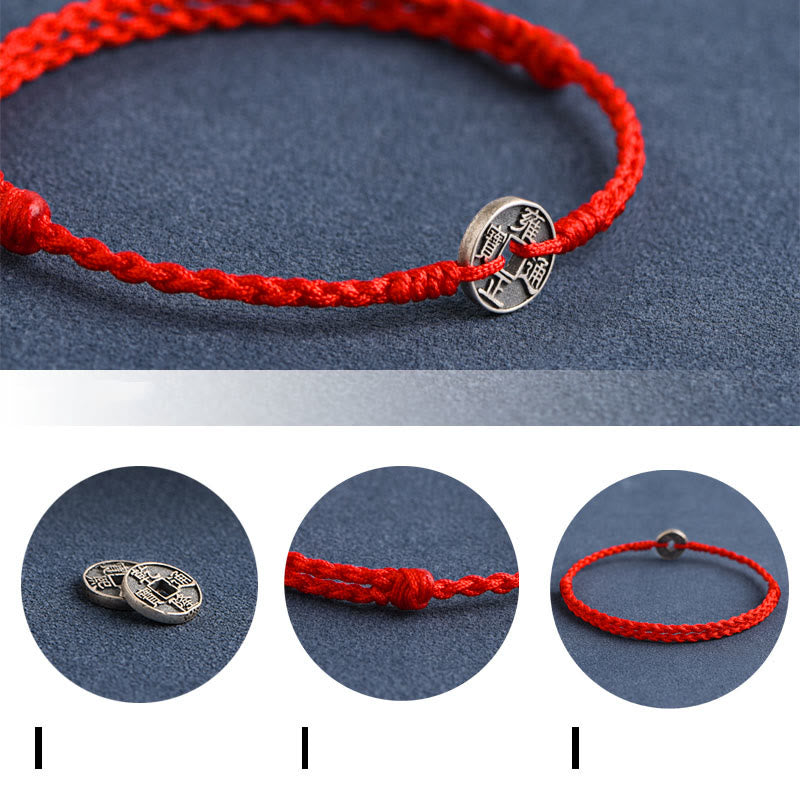 925 Sterling Silver Five Emperor Coins Red String Protection Luck Braided Bracelet Anklet