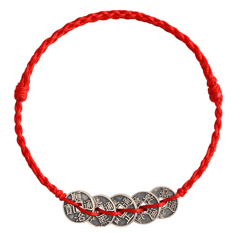 925 Sterling Silver Five Emperor Coins Red String Protection Luck Braided Bracelet Anklet