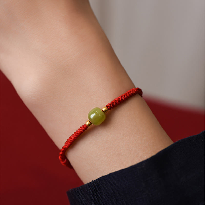 Natural Hetian Jade 999 Gold Beads Protection Luck Braided Bracelet Anklet