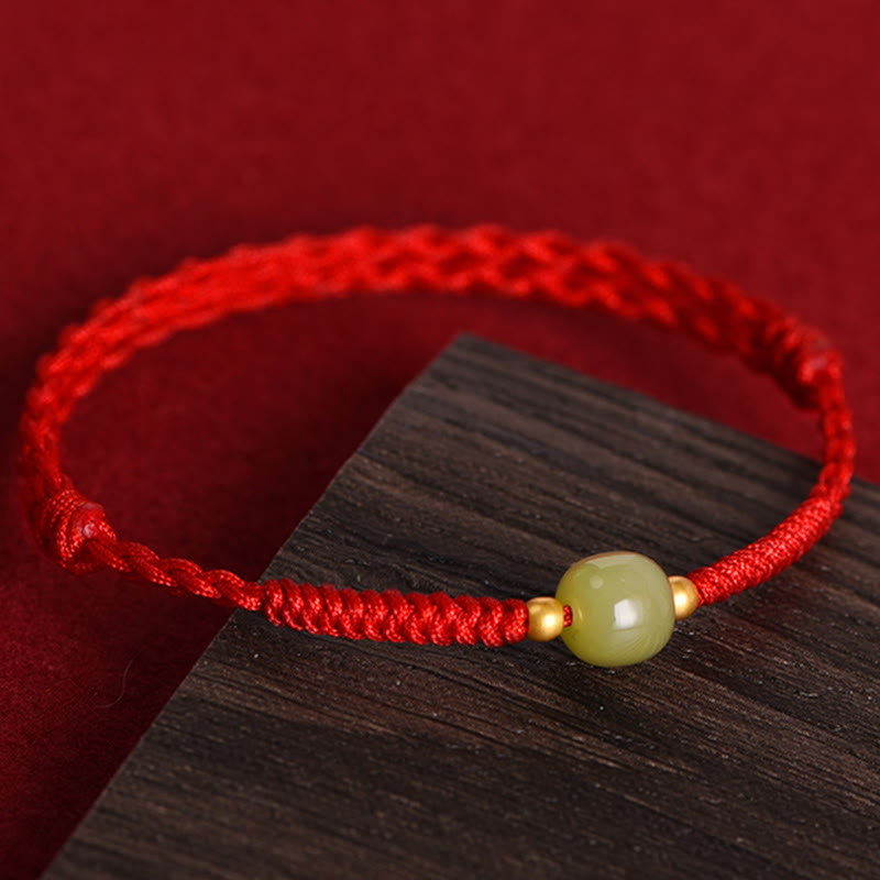 Natural Hetian Jade 999 Gold Beads Protection Luck Braided Bracelet Anklet