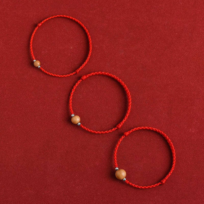Natural Peach Wood Bead Luck Braided Bracelet Anklet