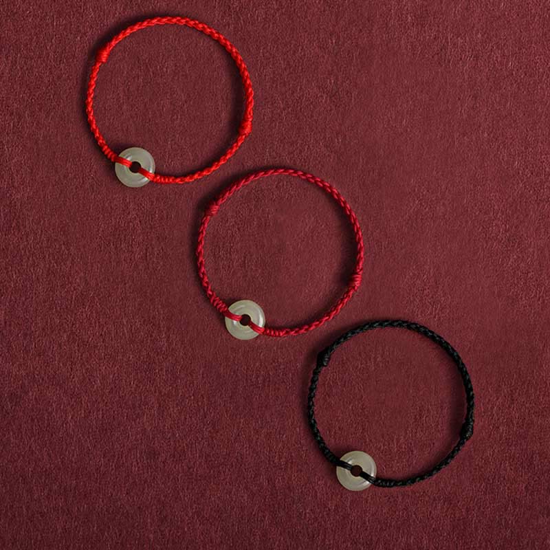 Natural Hetian Jade Peace Buckle Protection Luck Braided Bracelet Anklet