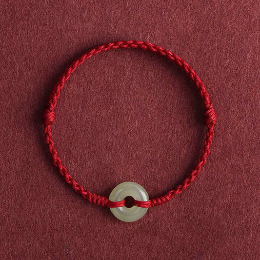 Natural Hetian Jade Peace Buckle Protection Luck Braided Bracelet Anklet