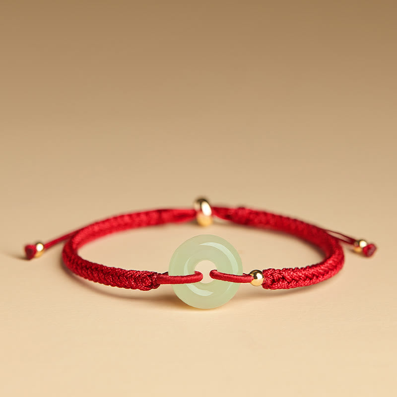 Natural Hetian Jade Peace Buckle Fu Character Protection Luck Braided Bracelet