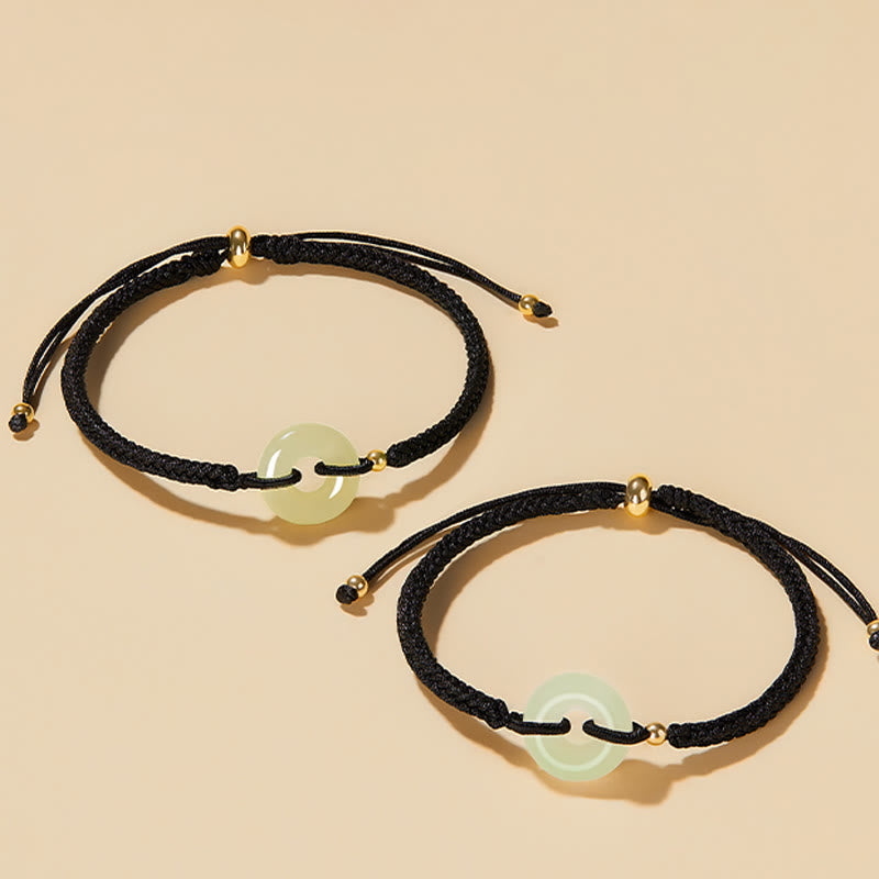 Natural Hetian Jade Peace Buckle Fu Character Protection Luck Braided Bracelet