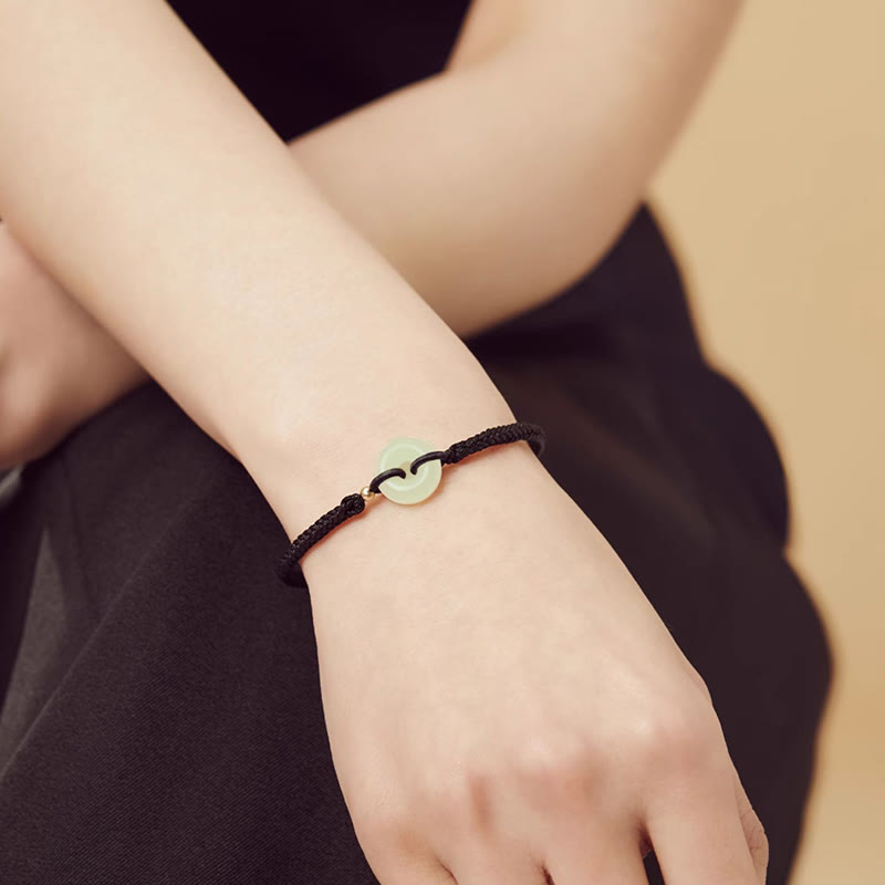 Natural Hetian Jade Peace Buckle Fu Character Protection Luck Braided Bracelet