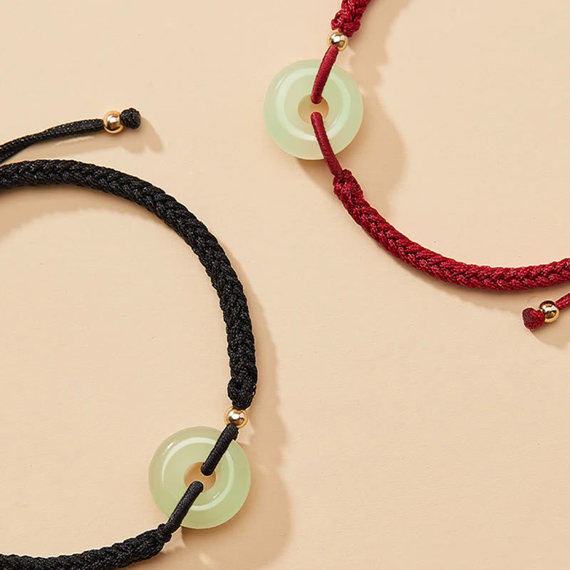 Natural Hetian Jade Peace Buckle Fu Character Protection Luck Braided Bracelet