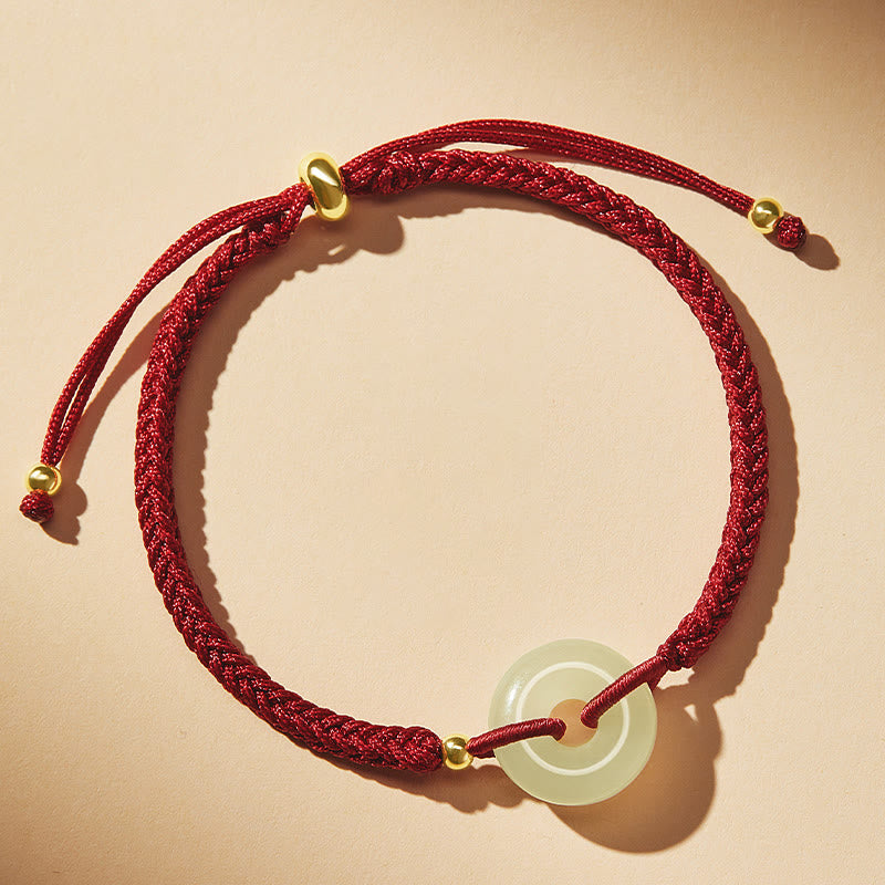 Natural Hetian Jade Peace Buckle Fu Character Protection Luck Braided Bracelet
