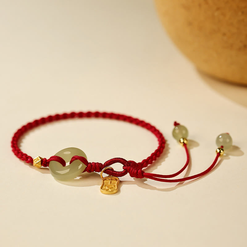Natural Hetian Jade Peace Buckle Red String Luck Braided Bracelet