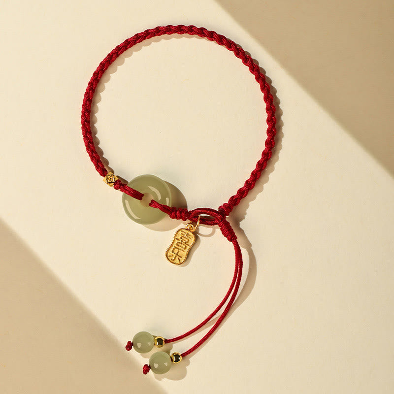 Natural Hetian Jade Peace Buckle Red String Luck Braided Bracelet