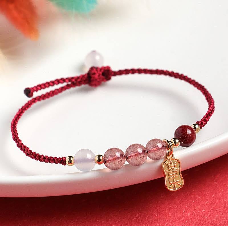 Natural Strawberry Quartz Jade White Agate Red String Positive Bracelet