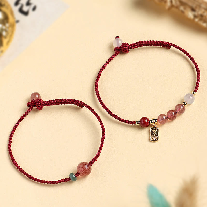 Natural Strawberry Quartz Jade White Agate Red String Positive Bracelet