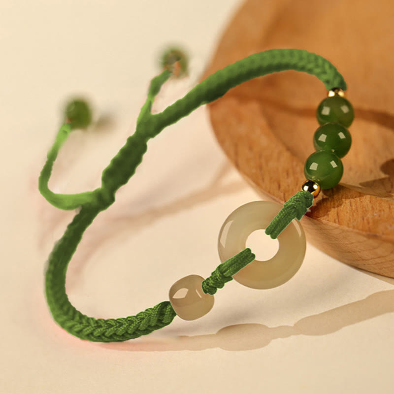Natural Hetian Jade Peace Buckle Red String Protection Luck Bracelet