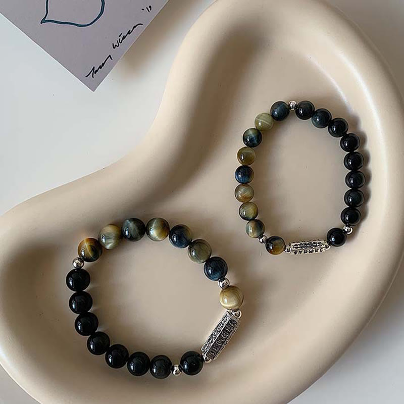 Natural Black Obsidian Tiger's Eye Six True Words 'om Mani Padme Hum' Strength Love Bracelet