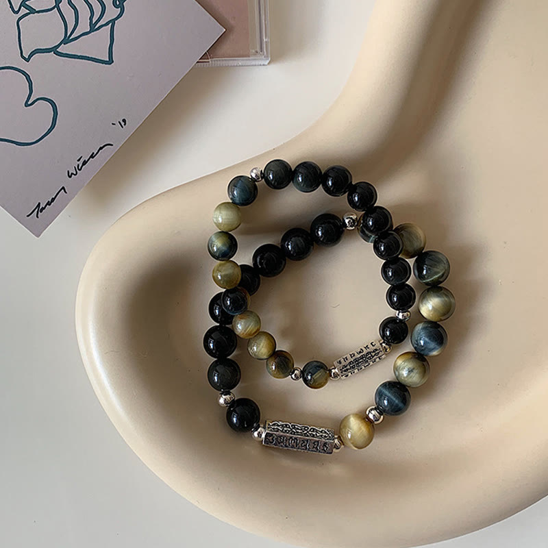 Natural Black Obsidian Tiger's Eye Six True Words 'om Mani Padme Hum' Strength Love Bracelet