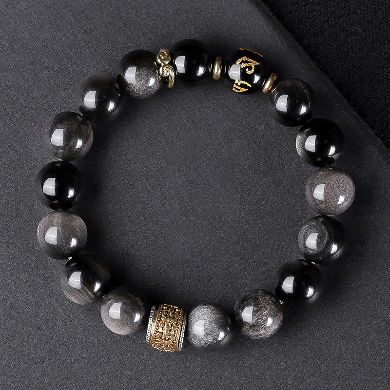 Natural Silver Sheen Obsidian Tiger's Eye Six True Words 'Om Mani Padme Hum' Strength Bracelet