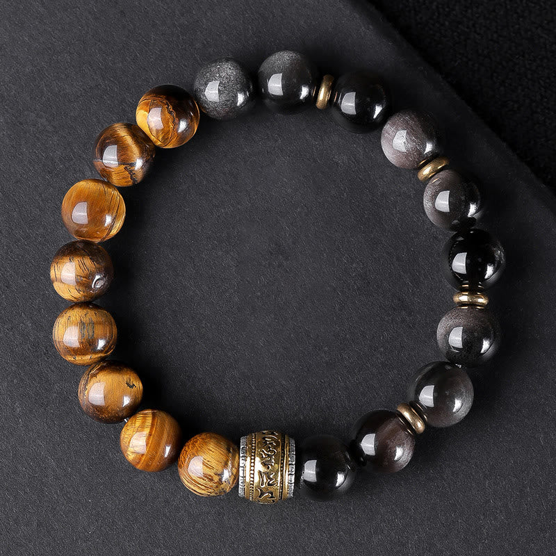 Natural Silver Sheen Obsidian Tiger's Eye Six True Words 'Om Mani Padme Hum' Strength Bracelet