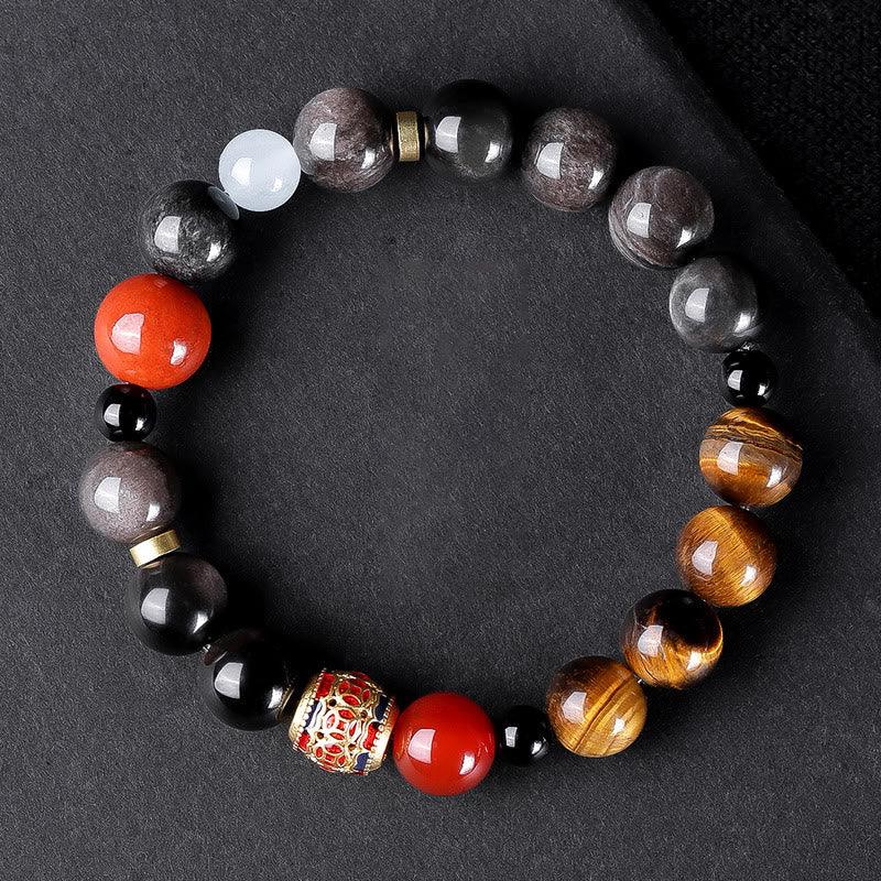 Natural Silver Sheen Obsidian Tiger's Eye Six True Words 'Om Mani Padme Hum' Strength Bracelet