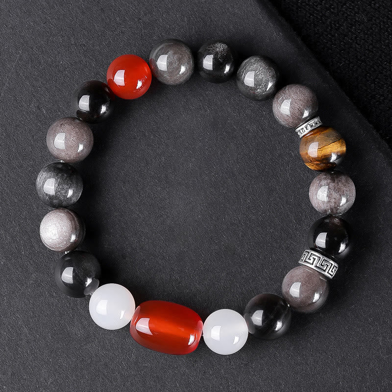 Natural Silver Sheen Obsidian Tiger's Eye Six True Words 'Om Mani Padme Hum' Strength Bracelet