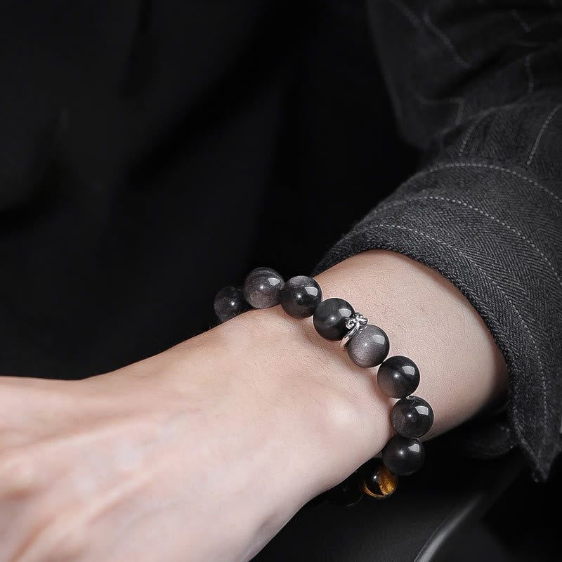Natural Silver Sheen Obsidian Tiger's Eye Six True Words 'Om Mani Padme Hum' Strength Bracelet