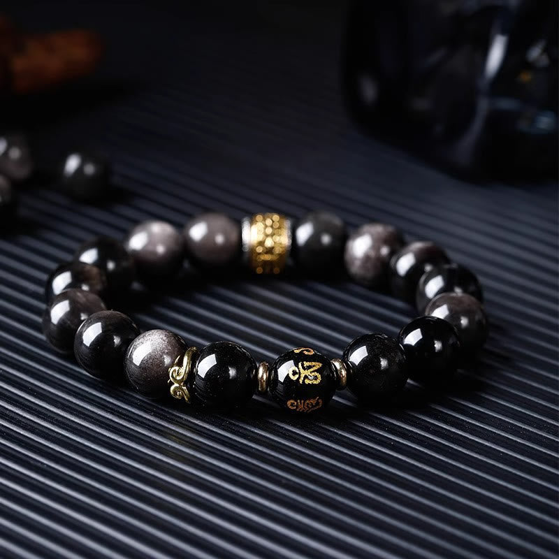 Natural Silver Sheen Obsidian Tiger's Eye Six True Words 'Om Mani Padme Hum' Strength Bracelet