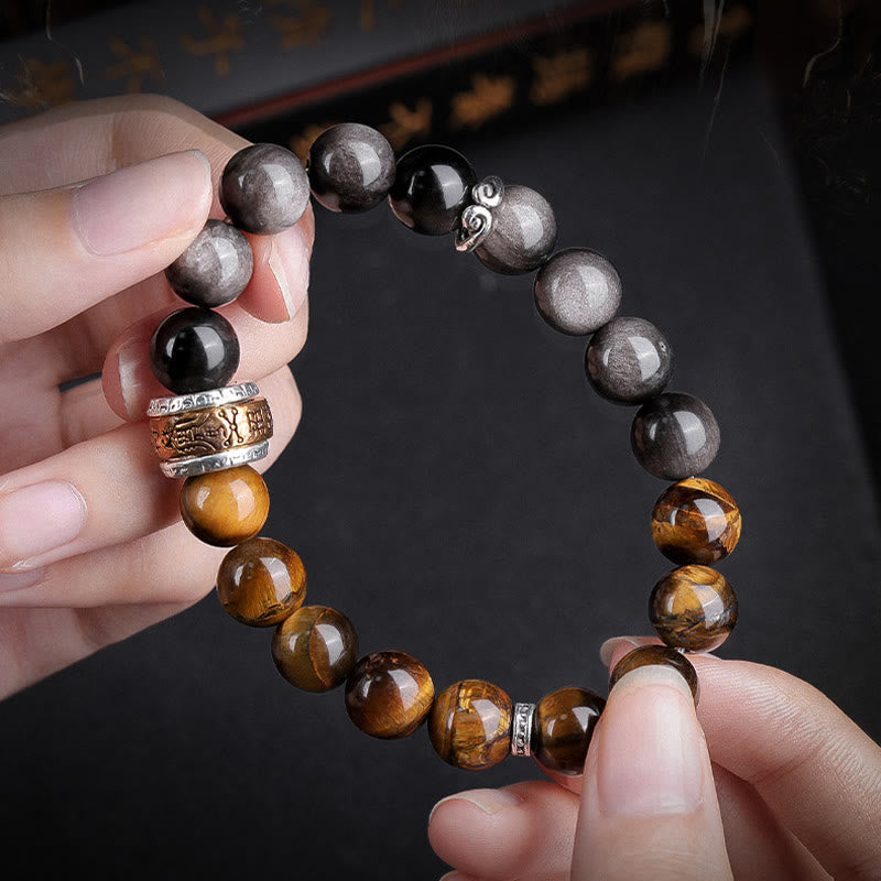Natural Silver Sheen Obsidian Tiger's Eye Six True Words 'Om Mani Padme Hum' Strength Bracelet