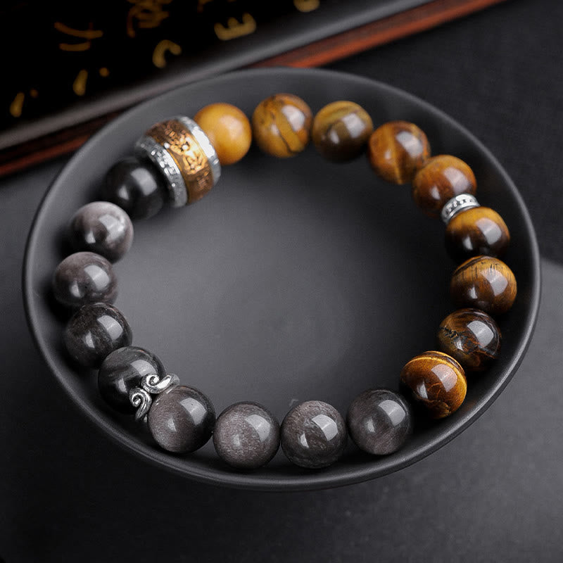 Natural Silver Sheen Obsidian Tiger's Eye Six True Words 'Om Mani Padme Hum' Strength Bracelet